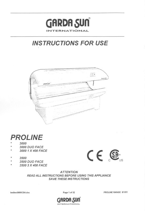 Gardasun Proline 3000 and 3500 (2001) - Bed Manual